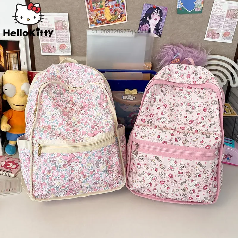 Sanrio Hello Kitty Melody Pink New Backpack for Women Y2k Student Nylon Schoolbags, Cute Cartoon Zipper Light Travel Backpack