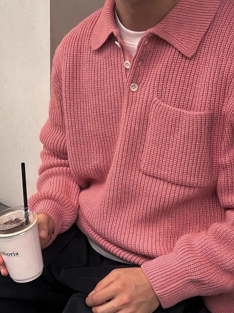 Pink POLO Lapel Pullover Sweater Men's Autumn and Winter Loose and Versatile Knitted Sweater Long-sleeved Top