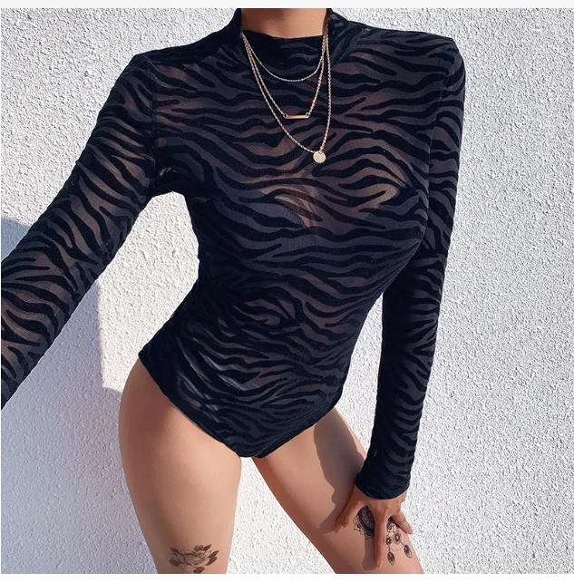 Transparent Zebra Sexy Black Slim Long-sleeved See-through Jumpsuit 2023 Clothing Women