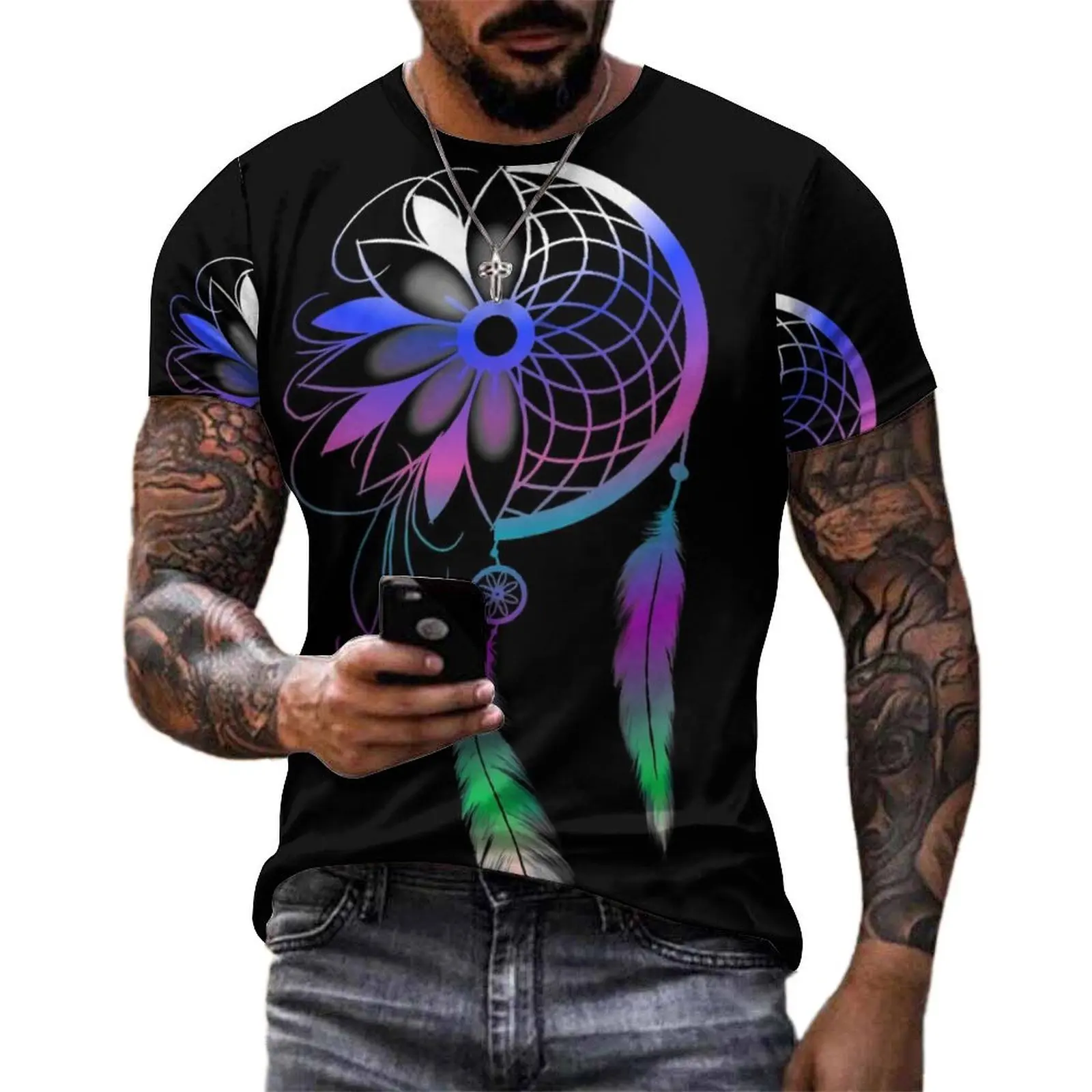 Color Dream Catcher T-Shirt Men Feather Print O Neck T Shirts Summer Harajuku Clothing Short Sleeve Casual Plus Size Tee Shirt