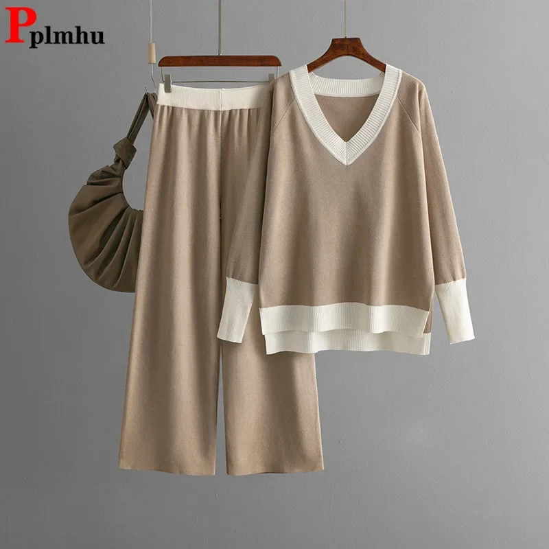 Women V-neck Sweater Two Piece Sets Women Casual Pullover Loose Tops Suits Chic Baggy High Waist Sweatpants Korean Outfit