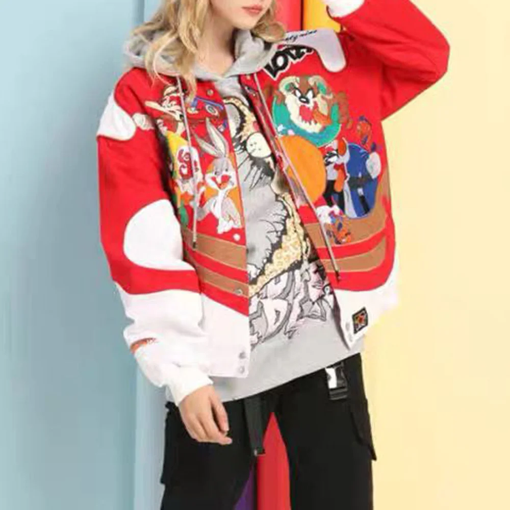 Mens Jackets Hip-Hop Retro Motorcycle Cartoon Fun Baseball Jackets Trendy Colorful Contrast Style Couple Outfits Unisex Jackets