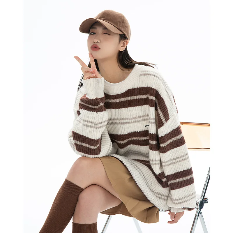 

Sweater Striped Oversized Jumper O Neck Cropped Pullovers Tops Korean Women's Knitted Patchwork Loose Long Sleeve Sweaters