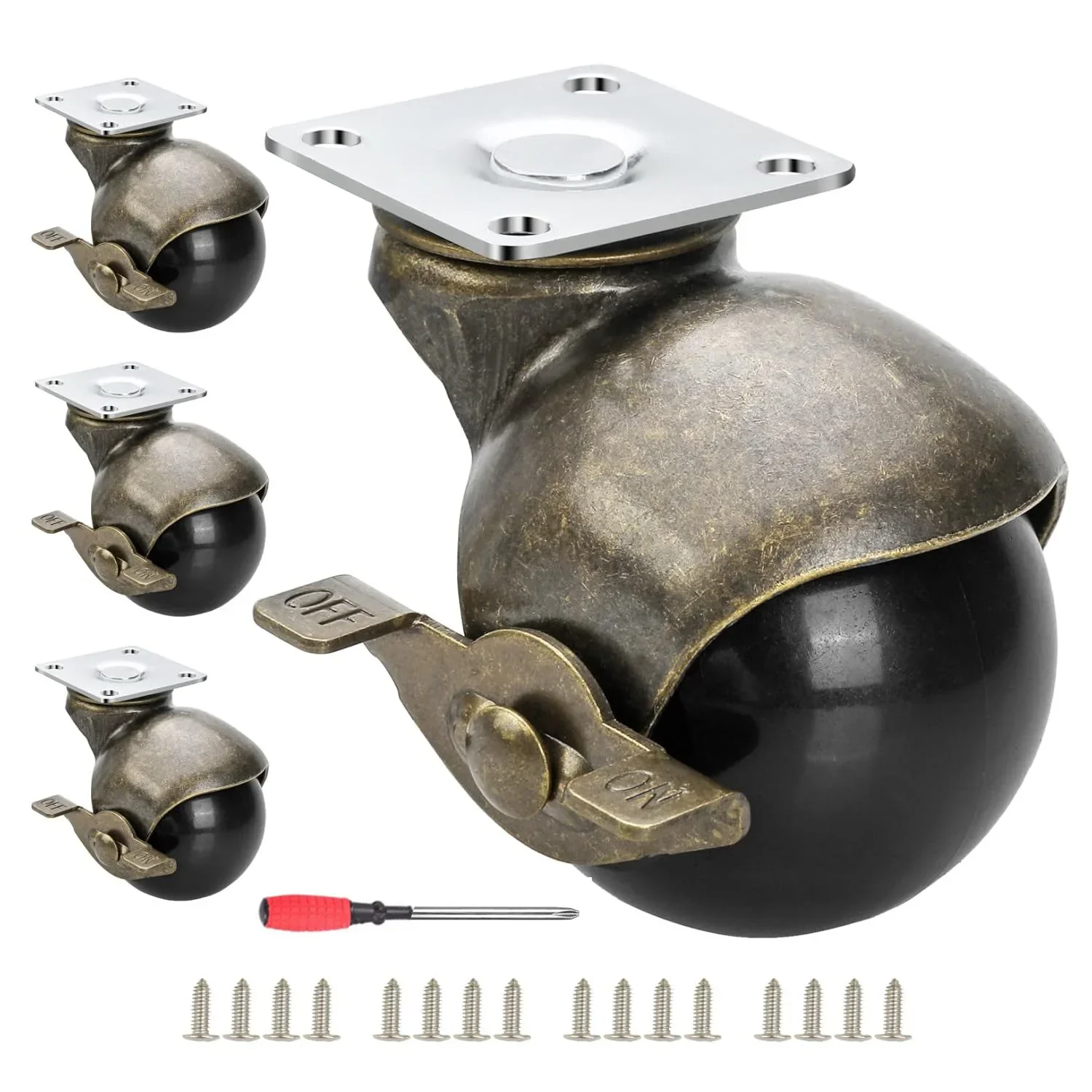 4pcs Rubber Ball Caster Wheels With Brake