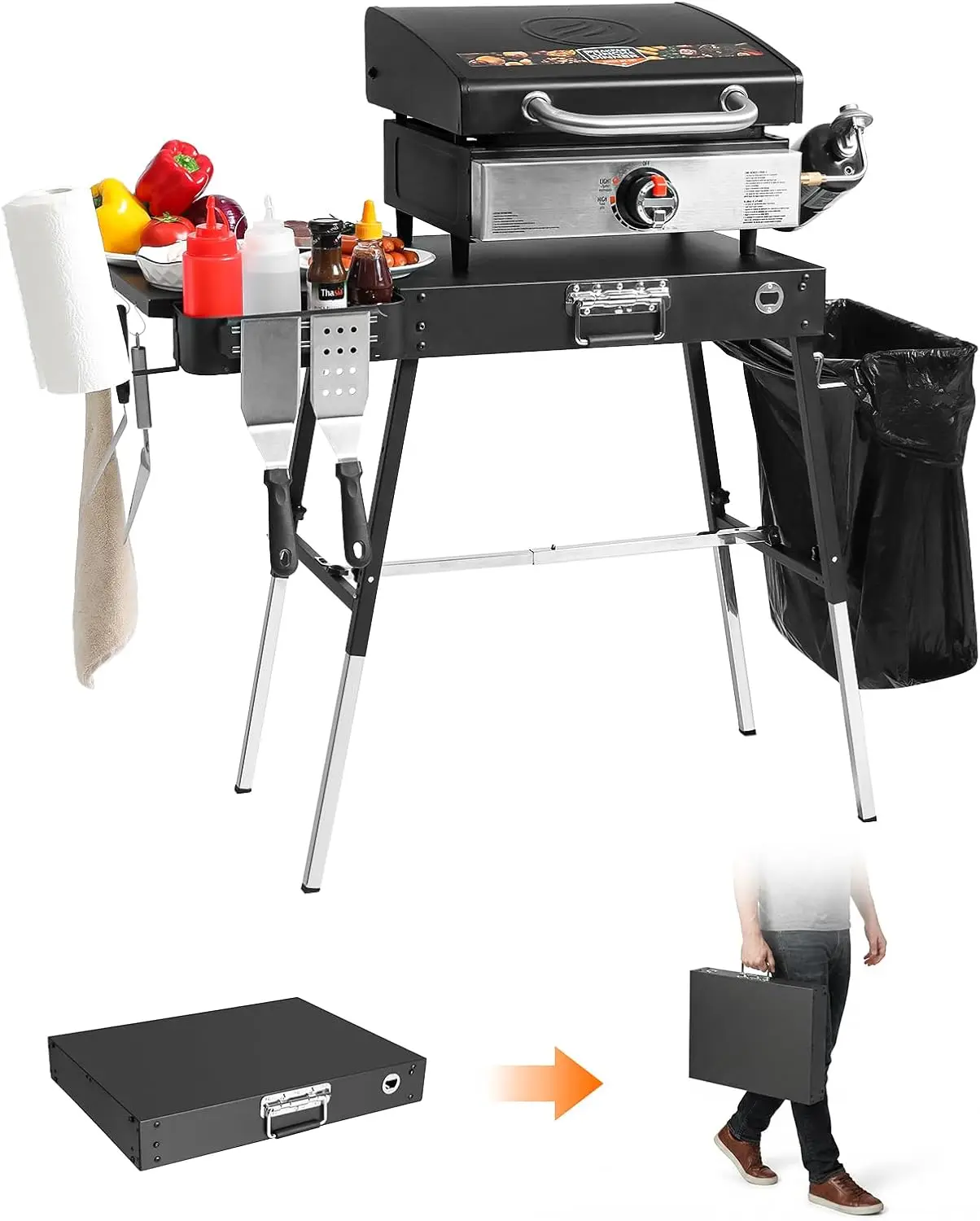 

Outdoor Folding Grill Table, Adjustable Griddle Stand, Fit 17" 22" Grills, Portable Camping Table for BBQ & Tailgating