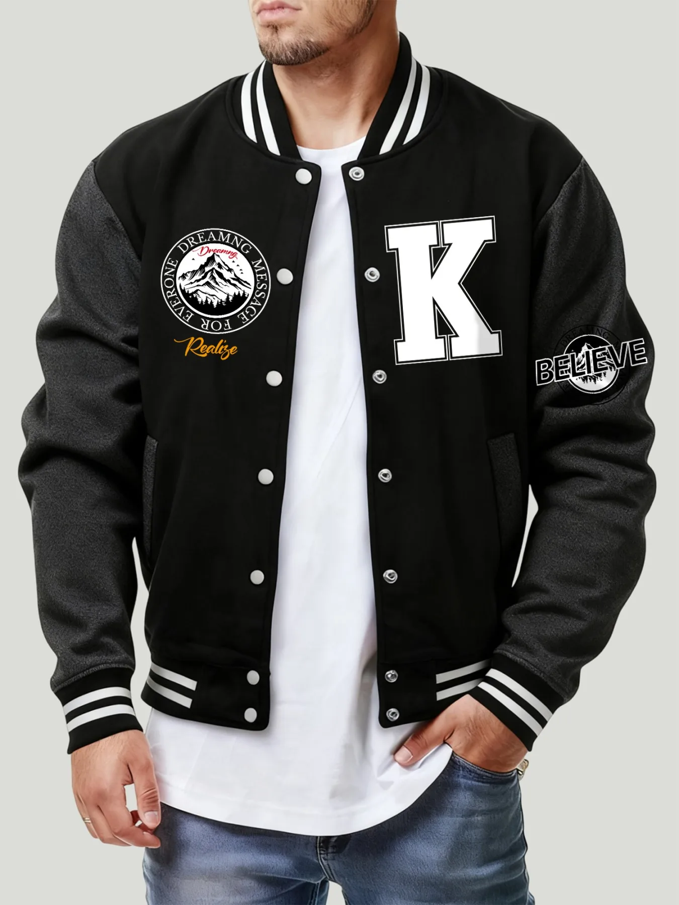 

Куртка с принтом Letter K Believe Realize, мужская модная свободная бейсбольная майка, осенняя уличная одежда в стиле хип-хоп, флисовое удобное пальто