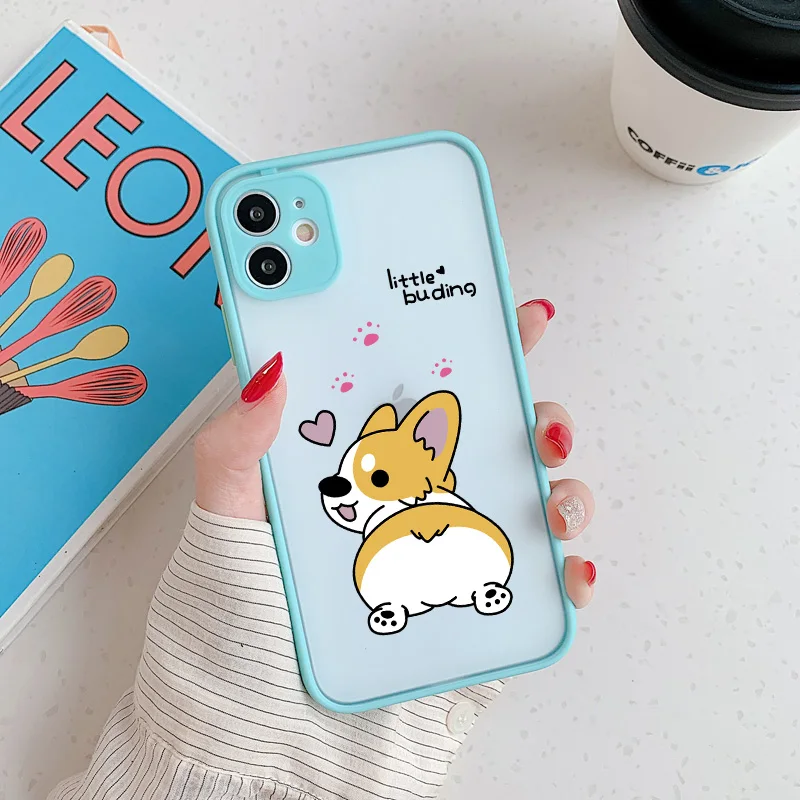 GYKZ Cartoon Dog Corgi Phone Case For iPhone 14 15 13 12 11 Pro XR X XS MAX SE2 8 Plus Pink Love Heart Transparent Matte Coque