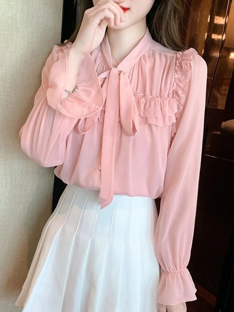 

Стильная женская блузка из шифона с оборками во французском стиле, весна-осень 2026, новинка, с бантом, универсальный топ для многослойных образов