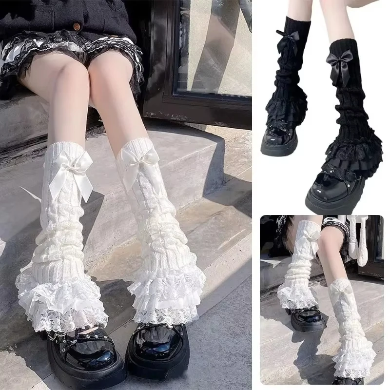 Japanese Women Knitted Leg Warmer Bow Tiered Ruffled Socks Girl Lace Lolita Socks Calf T-shaped Lace Leg Horn Warmers Women
