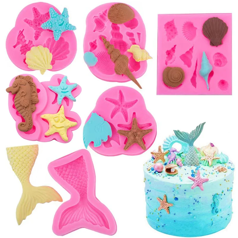 Ocean Theme Silicone Fondant Mold Mermaid Tail Seashell Starfish Hippocampus Conch Cupcake Chocolate Mold DIY Baking Tools