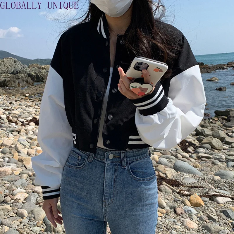 

Baseball Jacket Female Korean Version Loose Casual Hit Color Short Sports Jacket 2023 Autumn and Winter New Black Jacket Fashion