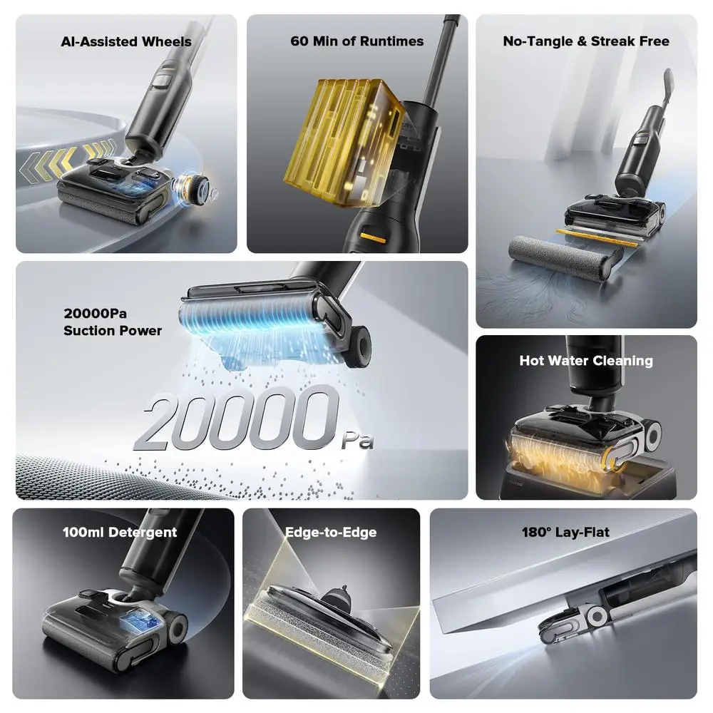 Cordless Vacuum Mop 20000Pa Strong Suction Smart Electric Mop AI Assistant Dual Motors Flat Cleaning Edge to Edge Self-Cleaning
