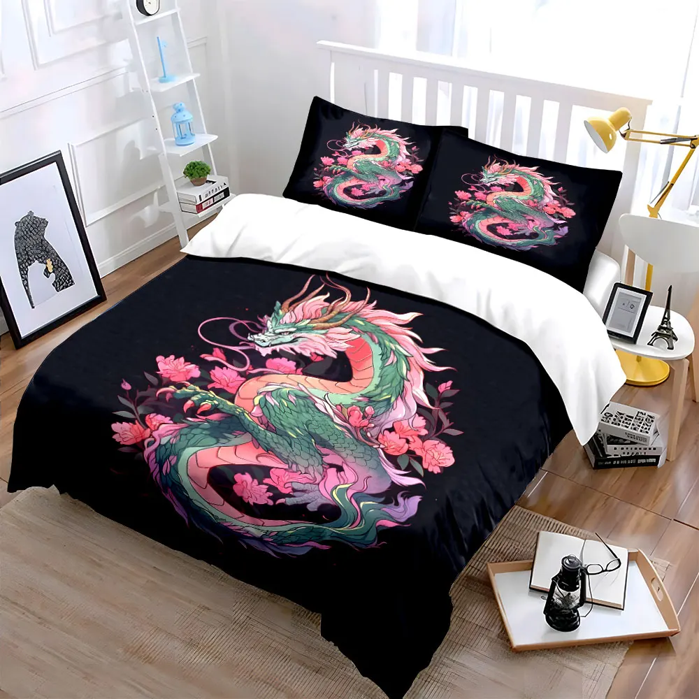 Fantasy dragon surrounded by blossoms Bedding Set for Kids Luxury Gift 3pcs Digital Print Comforter Set Soft Comfortable
