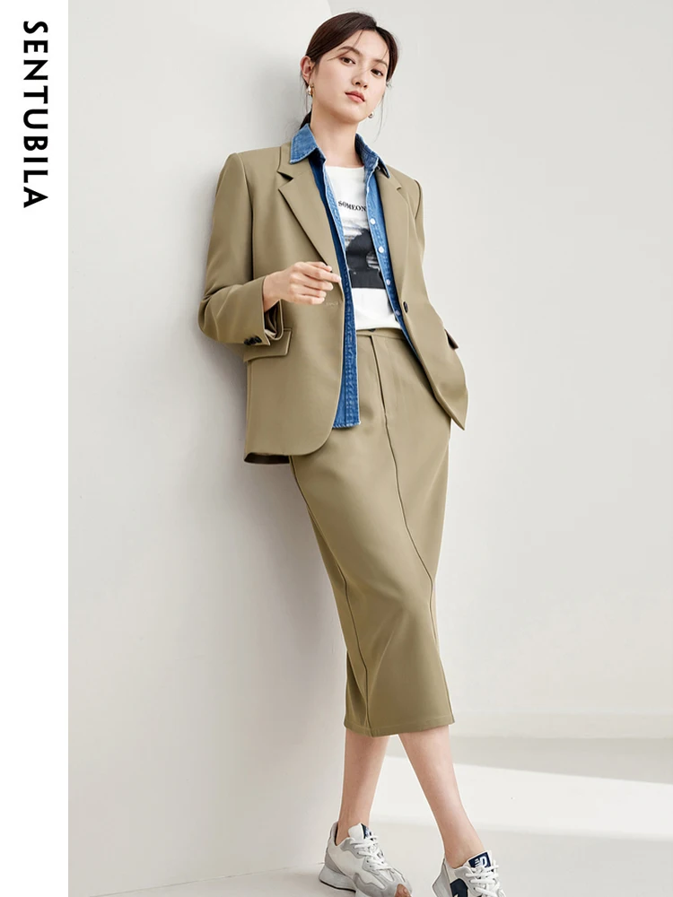 

SENTUBILA Women Blazer Skirt Suits Two Piece Sets Office Lady Business Formal Outfits 2025 Autumn Solid Matching Sets M33Z50076