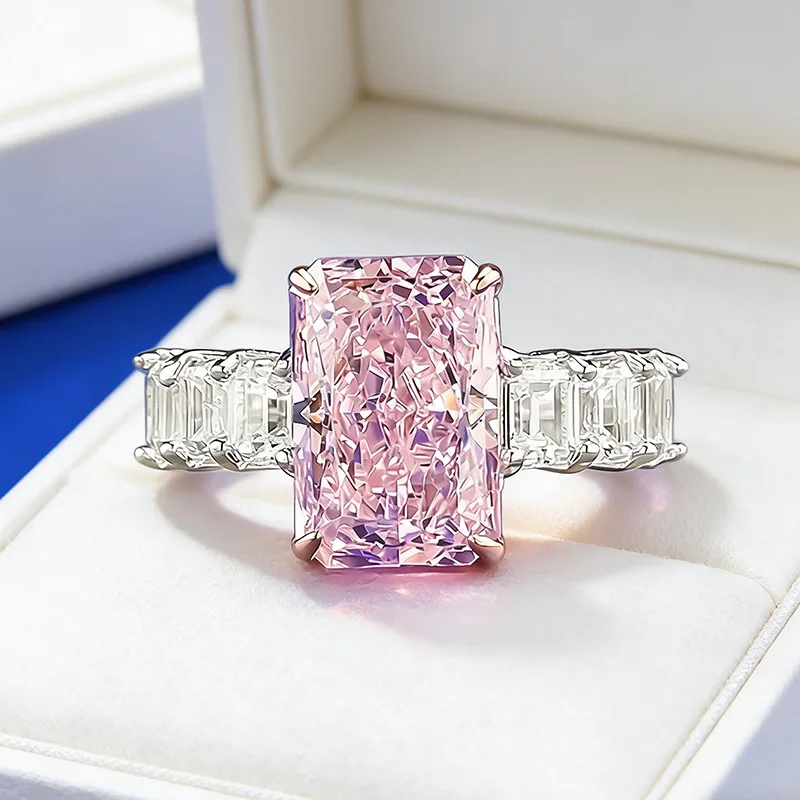 Luxury white gold solid platinum PT950 sweet fashionable 8*12mm rectangular imported pink ice flower cut ring for women