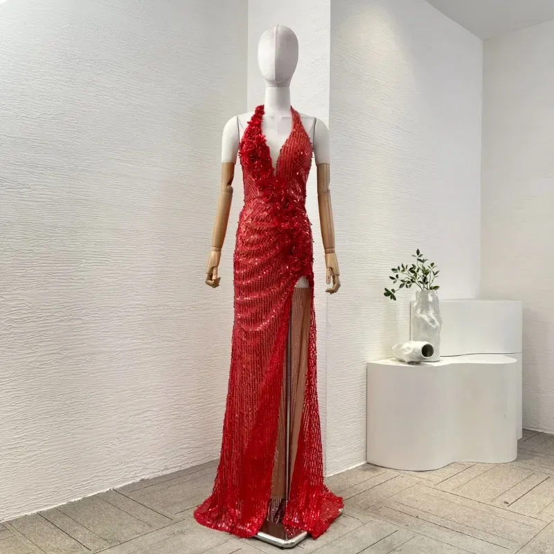 Women's Maxi Dresses 2025 Red Sequins Pressed Slit Hem Flowers Appliqued Lace High Quality Deep V Neck for Party