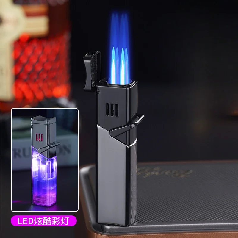 2024 New Metal Lighter Led Color Light Perspective Gas Window Lighter Inflatable Rocker Lighter Windproof 4 Fire Cigar Gifts