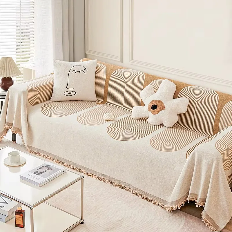Chenille Sofa Throw, Geometric Lines Tassel Design, Universal Soft Multifunctional Couch Blanket Sofa Protective Cover