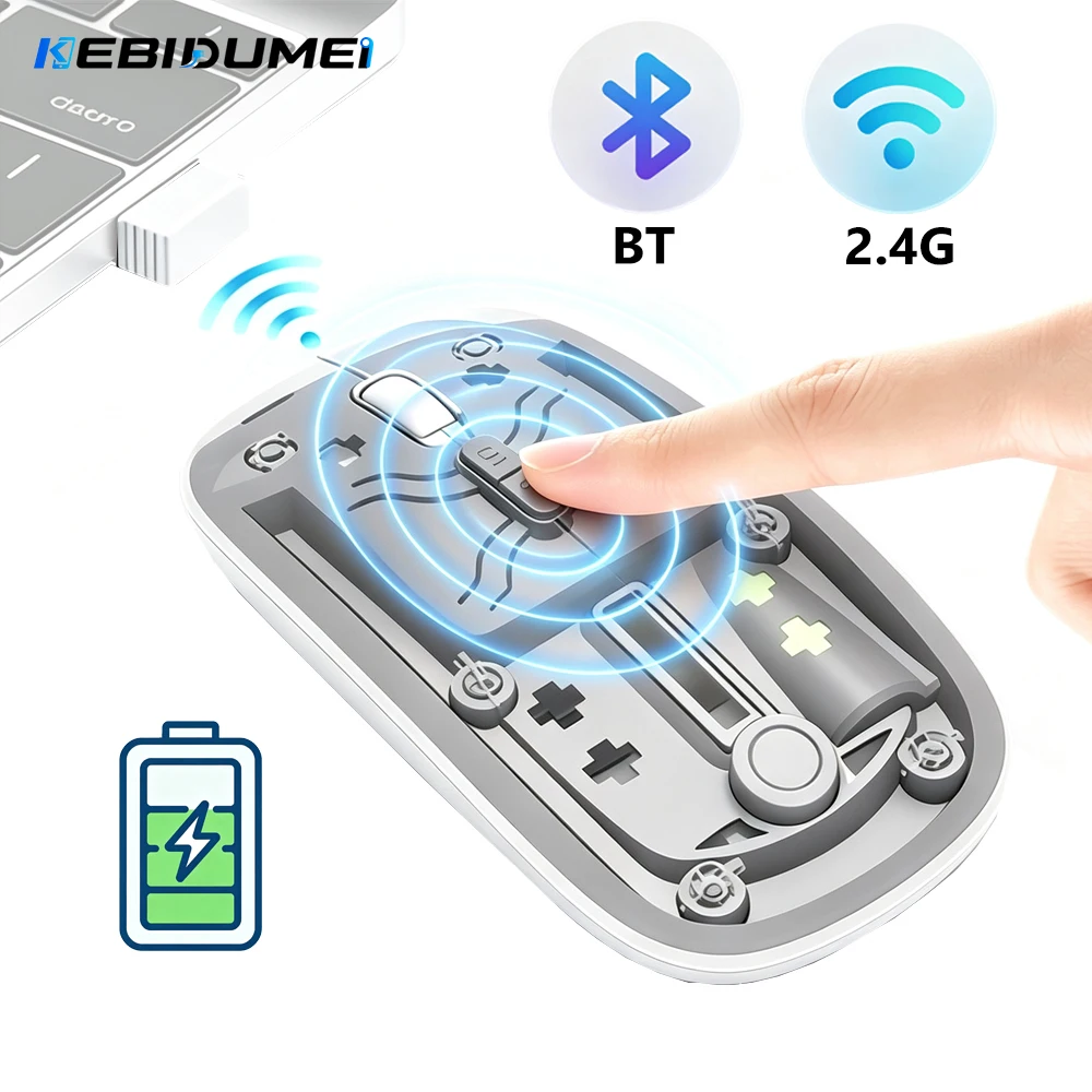 Mouse Sem Fio Transparente KEBIDUMEI, Modo Duplo 2.4G BT, Mouse Gamer Recarregável com DPI Ajustável, Silencioso para Laptop e PC