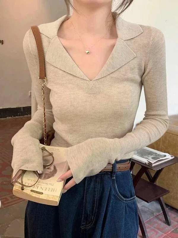 

Korean Style Slim Fit V Neck Knitted Sweater Long Sleeve Pure Color Basic Top For Women Commute Turn-down Collar Shirts
