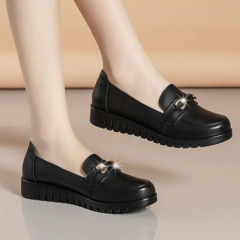 Women's Shallow Slip on Flats Summer Metal Button Soft Leather Wedge Single Shoes for Women Office Ladies Casual Walking Shoes