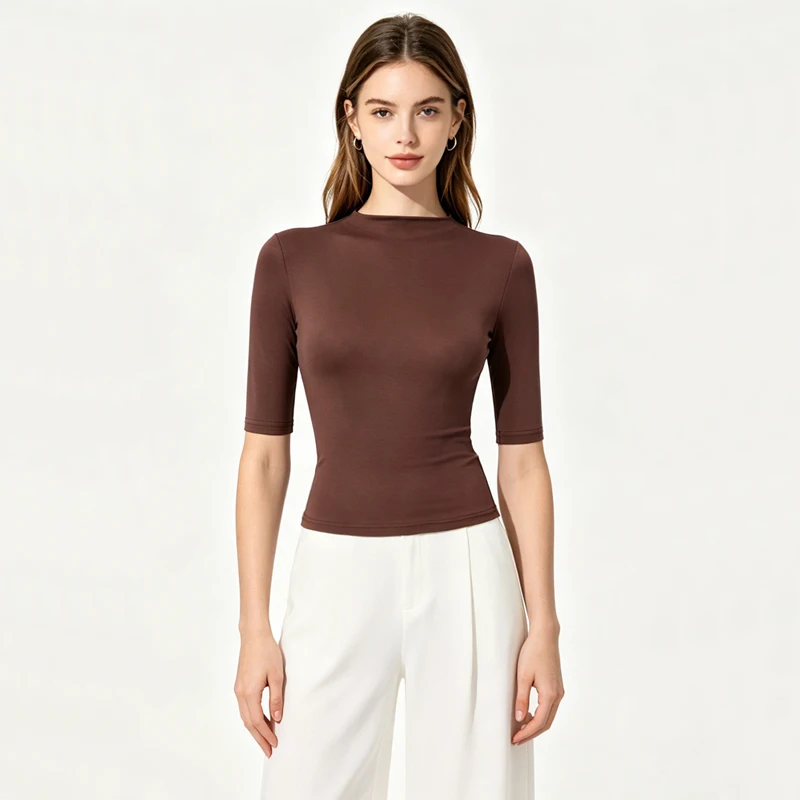 Women's Slim Fit Half Sleeve Tee Slash High Neck Lyocell T-shirt