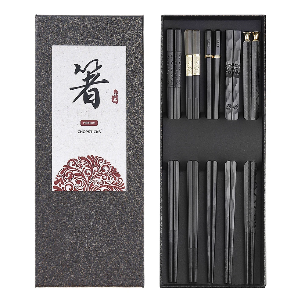 5 Pairs Reusable Japanese Chopsticks,Premium Black Fiberglass Lightweight Non-slip Chop Sticks Gift Set ,For Eating Sushi Ramen