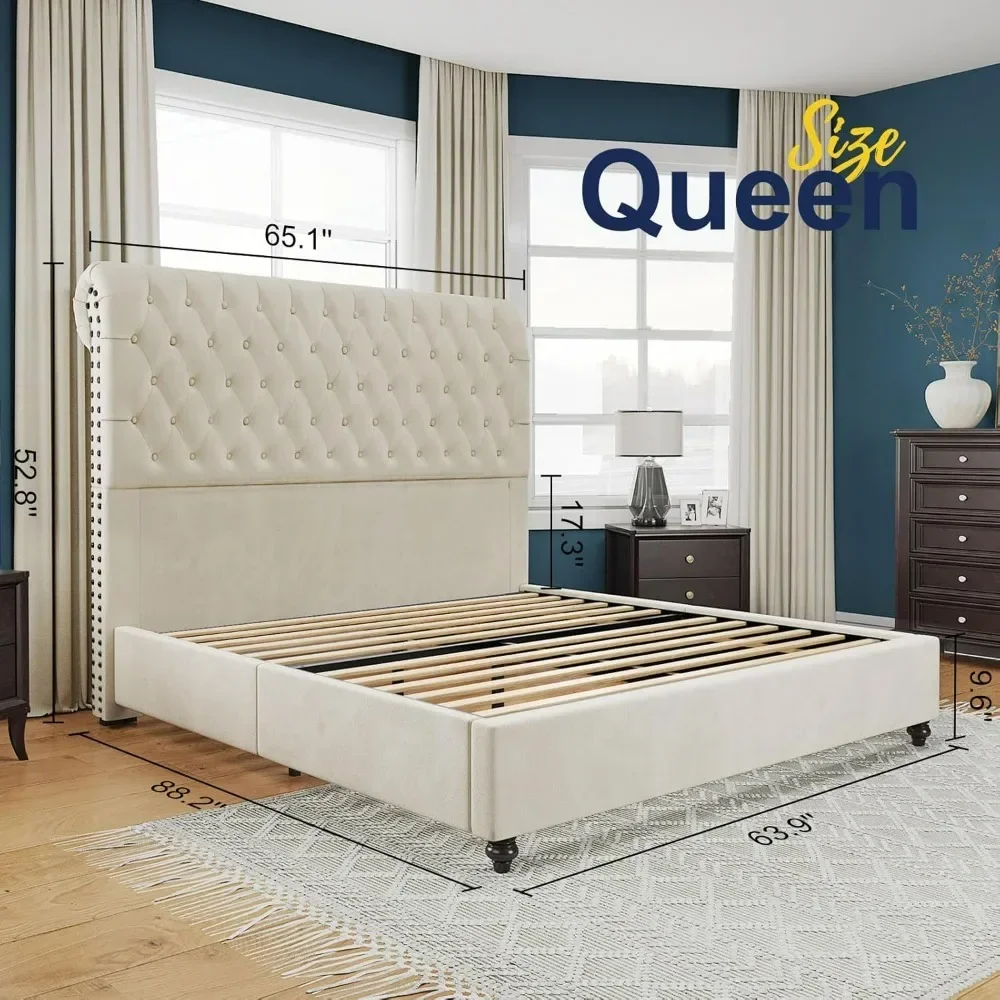 Upholstered Bed Frame Queen Velvet Tufted Sleigh Headboard Cream Bedroom Furniture  Bed Frame