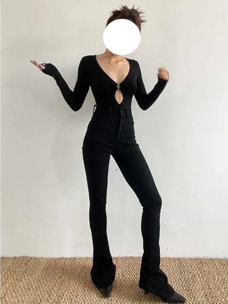 Seksowne body z wycięciami damskie Bodycon Hotsweet z długim rękawem na wszystkie mecze główna ulica klub nocny damskie dekolt w serek moda wygodne