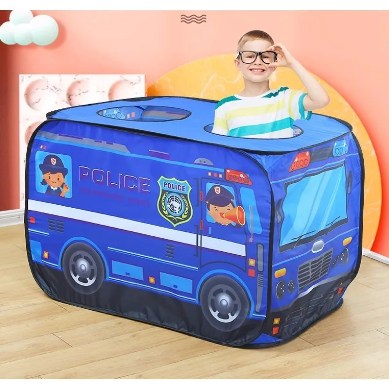 خيمة لعب حافلة الشرطة لشاحنة الإطفاء للأطفال - لعبة منبثقة قابلة للطي، لعبة قماش منزلية هدية ونموذج مكافحة الحرائق للتصوير الفوتوغرافي