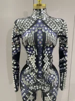 Sexy Shiny Silver Sequins Mirror Black Spandex Jumpsuit 2025 Women Prom Dancer Singer Costume Evening Birthday Show Stage Outfit - Image 5