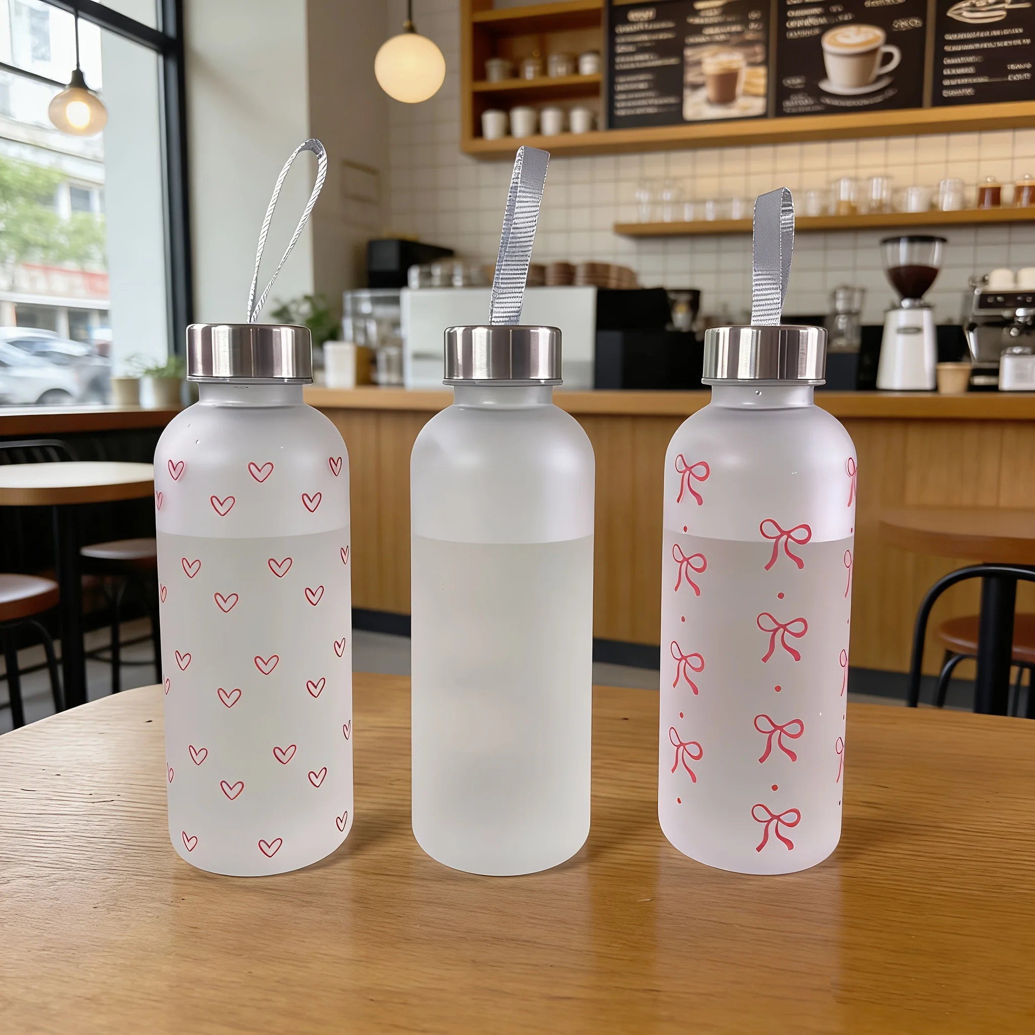 Fresh matte finish water bottle, portable cup, high-value design, daisy heart bow, 16.91oz tassel cup.