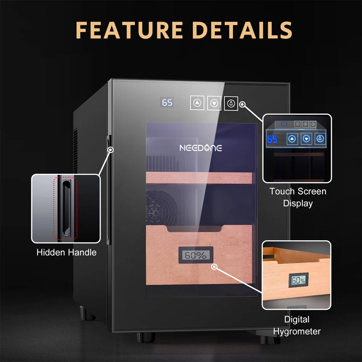 NEEDONE Humidor 16L con sistema di controllo della temperatura di raffreddamento e riscaldamento dispositivo di raffreddamento elettrico per 100 conteggi con igrometro digitale