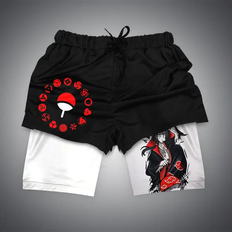 2025 verão novos shorts esportivos masculinos americanos naruto anime impresso dupla camada de fitness correndo shorts secagem rápida algodão curto