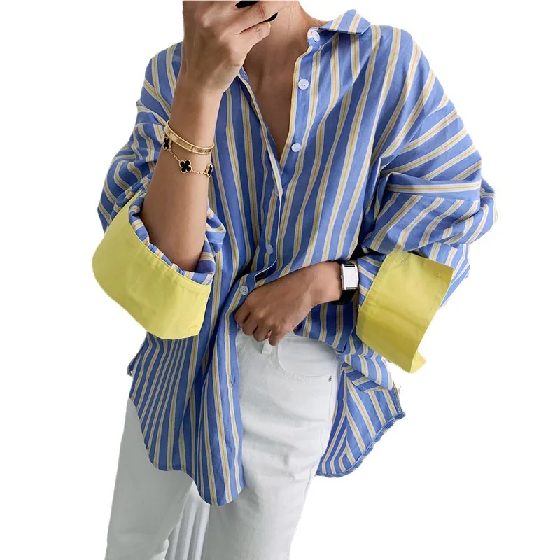 Spring and Autumn New Striped Long-sleeved Shirt and Korean Version of Loose Slim Mid-length Shirt Fashion Casual Shirt