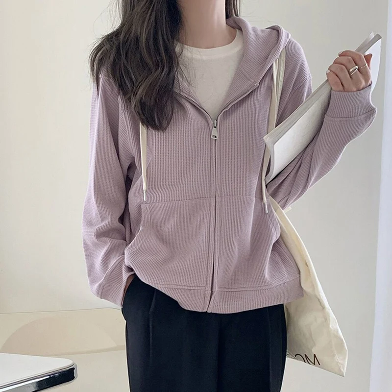 Fashion Solid Color Pockets Casual Hooded Sweatshirts Female Clothing 2024 Autumn New Loose All-match Tops Korea Sweatshirts