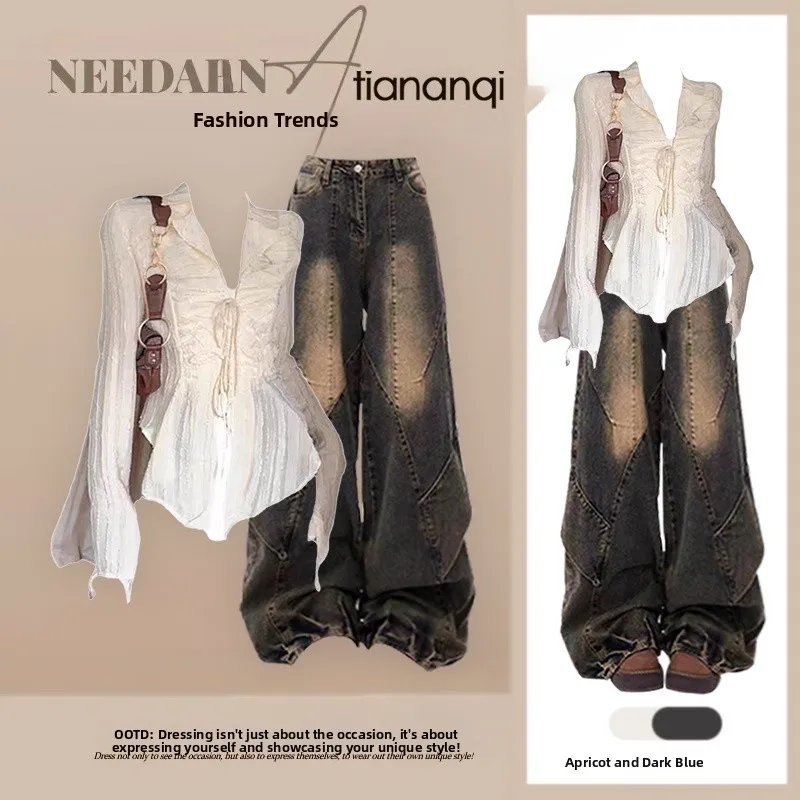 Fall Desert Style Women's Gentle Long Sleeve Shirt Wide Leg Jeans Two Piece Set Casual Slimming Vintage Fashion Ensemble
