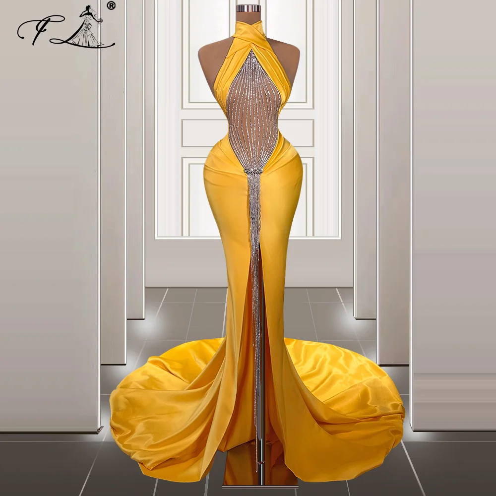 Yellow Mermaid Evening Gown Sexy Party Prom Dress High Split Sexy Celebrity Dresses for Women Customized