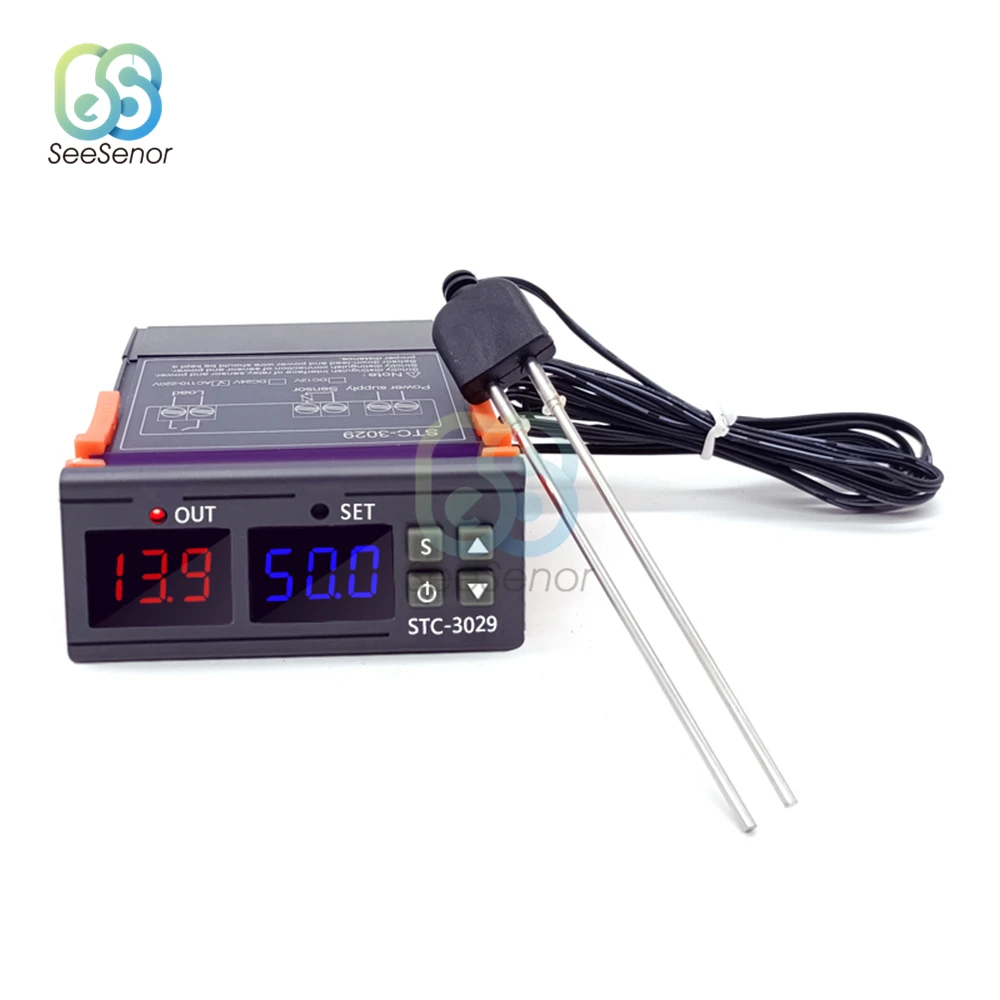 Dual Digital Humidity Controller Two Relay Output 12V 24V 220V Hygrostat STC-3029 Soil Moisture Controller Waterproof Sensor