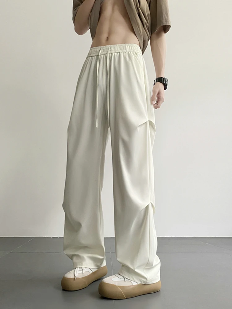 

Milk White Pleated Ice Silk Men's Summer Thin Straight Leg Casual Pants Drapey Lightweight Classic Straight Cut Daily Wear