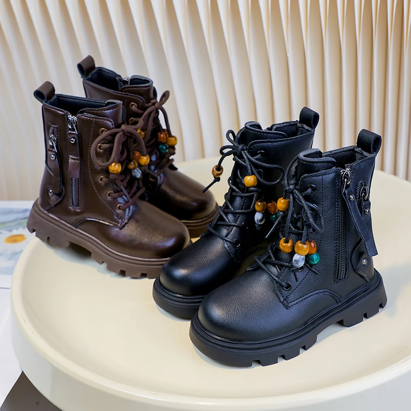 Kids Girls Retro Wooden Bead Boots, Faux Leather Side Zipper Thick Sole Mid‑Calf Fashion Boots
