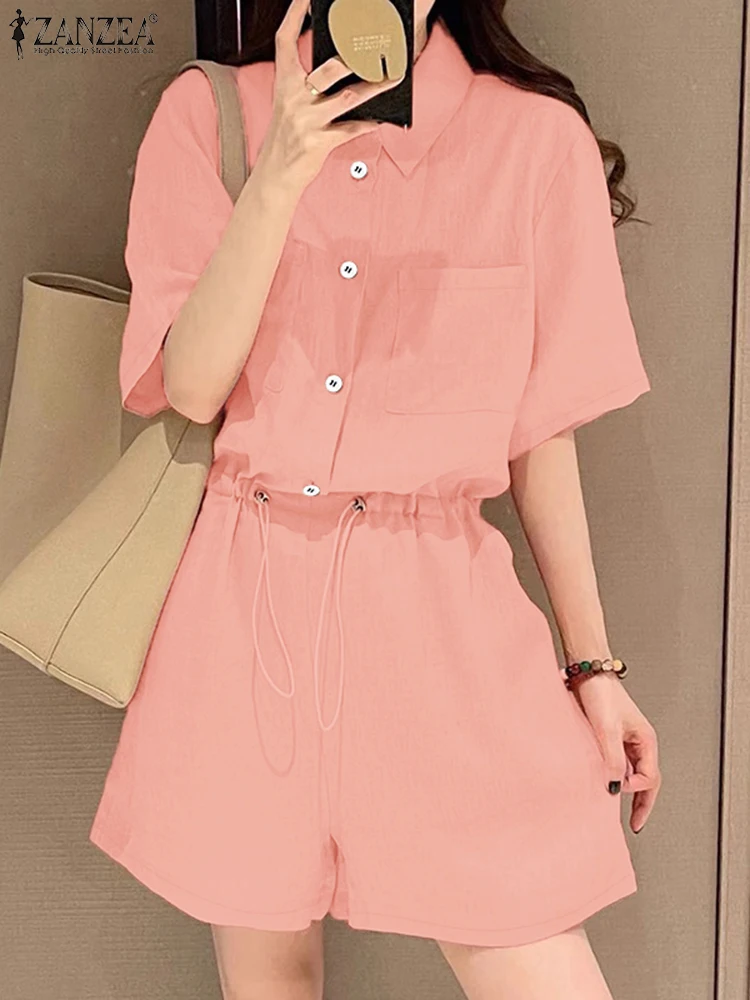 ZANZEA Women Fashion Work Wear Rompers Casual Turn-Down Collar Half Sleeve Drawstring Waisted Cargo Shorts Overalls Playsuits