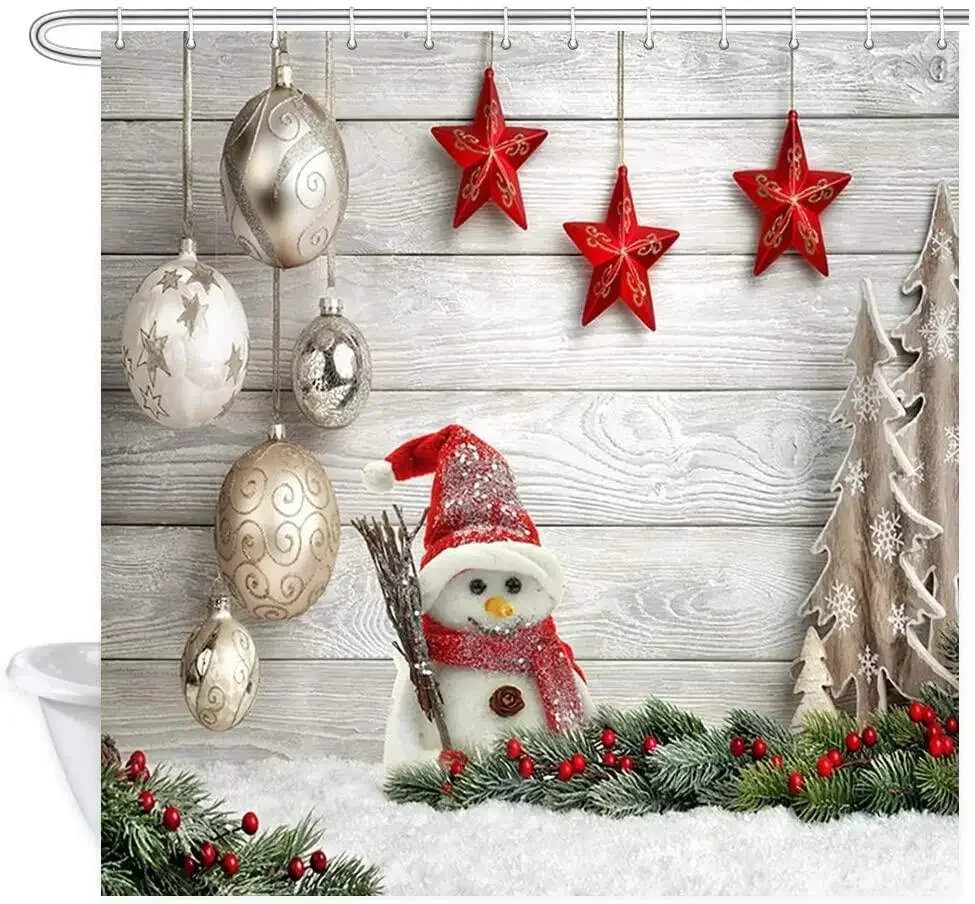 Christmas Shower Curtains, Stars Trees and Snow on Wood Plank Cute Snowman Polyester Fabric Bath Curtain Bathroom Set with Hooks