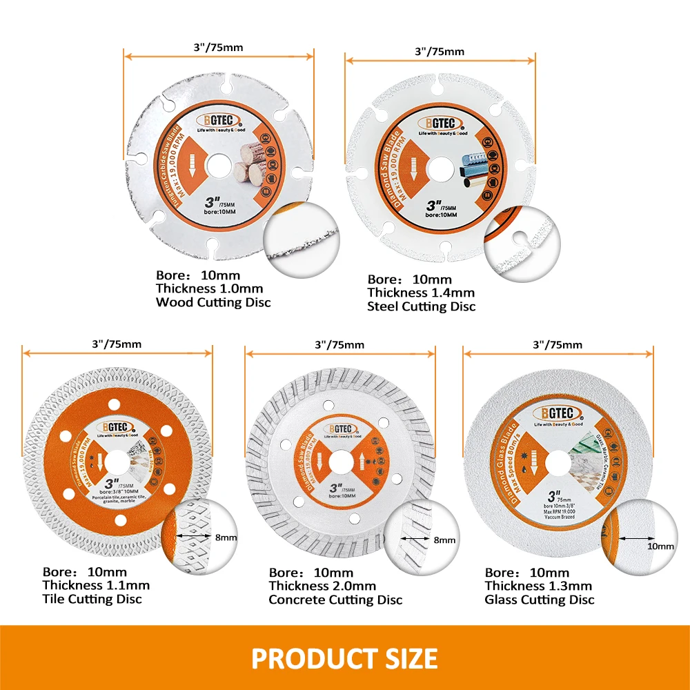 BGTEC 75mm Cutting Disc Set Mini Angle Grinder Wood Steel Concrete Granite Glass Tile Hand Tool 3 Inch Saw Blade Cutter Ceramic