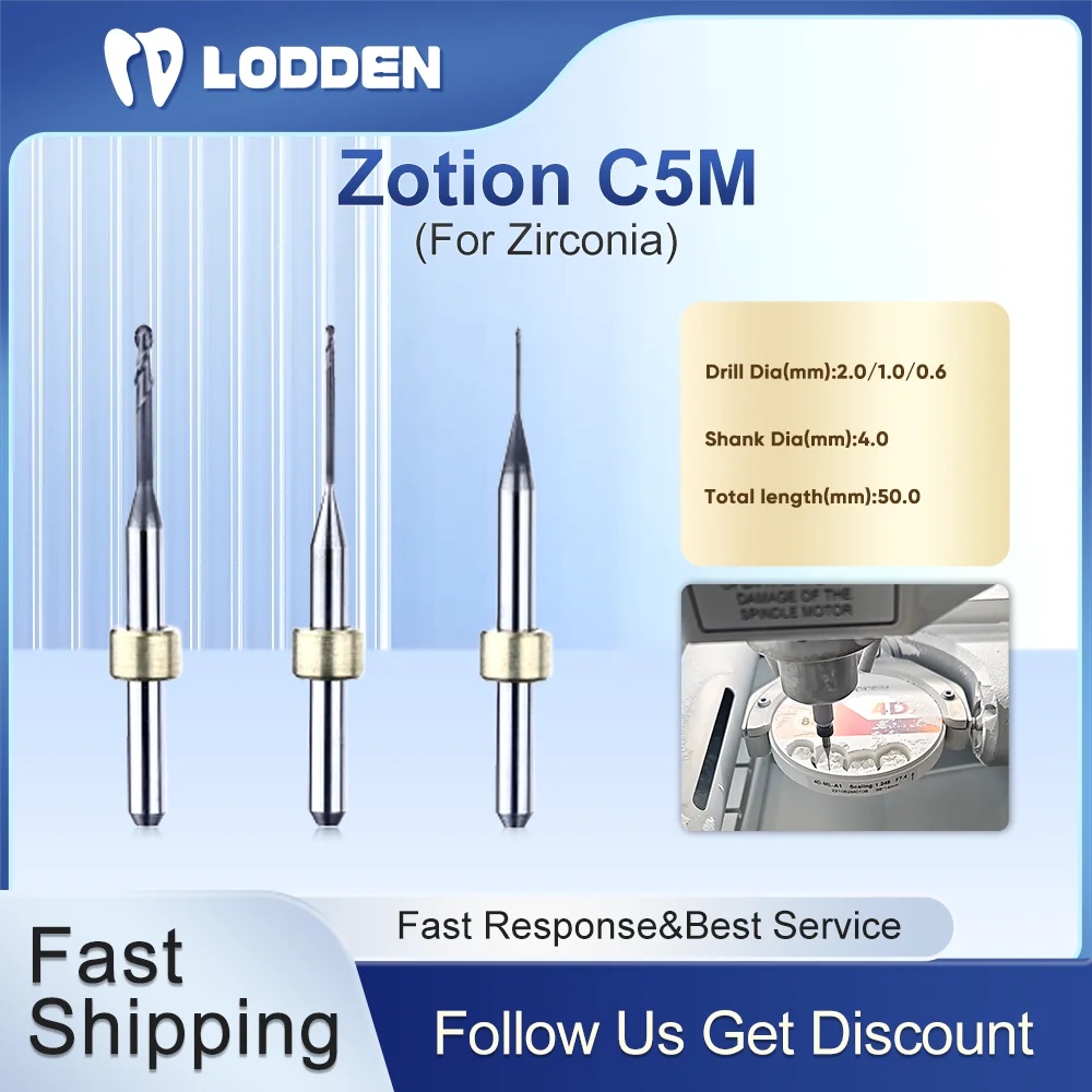 

Lodden Dental Milling Burs Zotion C5M DC Coating Zirconia Grinding for CAD CAM Milling Machine Drill 0.6/1.0/2.0 D4 Total 50mm