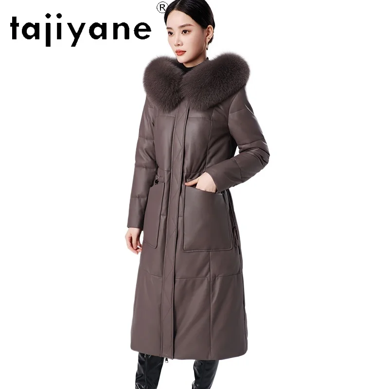 TAJIYANE-abrigo de piel de oveja para mujer, chaqueta larga ajustada con capucha de cuero genuino, abrigos con cuello de piel de zorro, ropa de invierno para mujer 2025