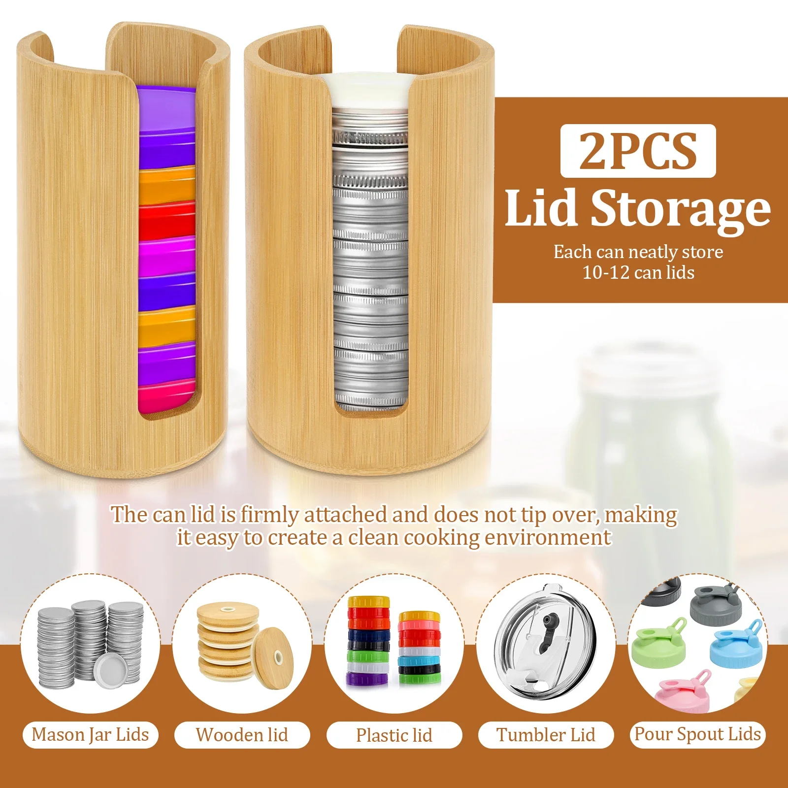 2Pcs Mason Jar Lid Organizer Wooden Stackable Canning Lid Organizer Space Saving Kitchen Storage Rack Accommodate 10-12 Can Lids
