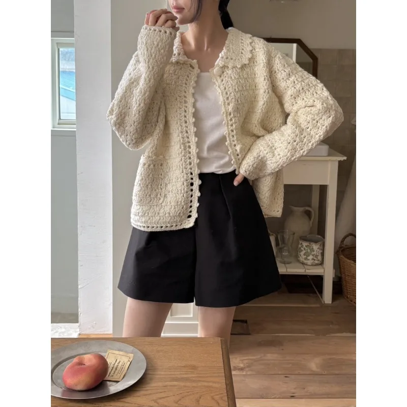 

50% Wool Handmade Knitted Cardigan, Women's Crochet Sweater, Lapel, New Style From Dongdaemun, South Korea