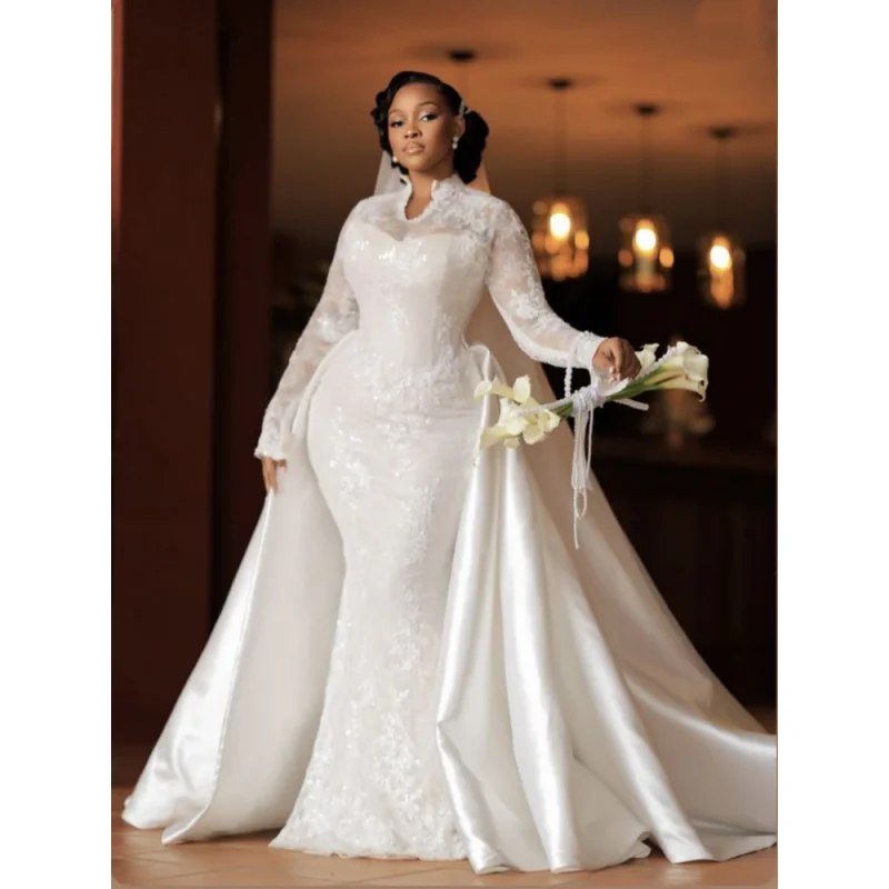 

Индивидуальное свадебное платье-русалка 2026 года: новое, элегантное, с круглым вырезом, длинными рукавами, атласными кружевными аппликациями и съемным шлейфом (Vestido De Novia)