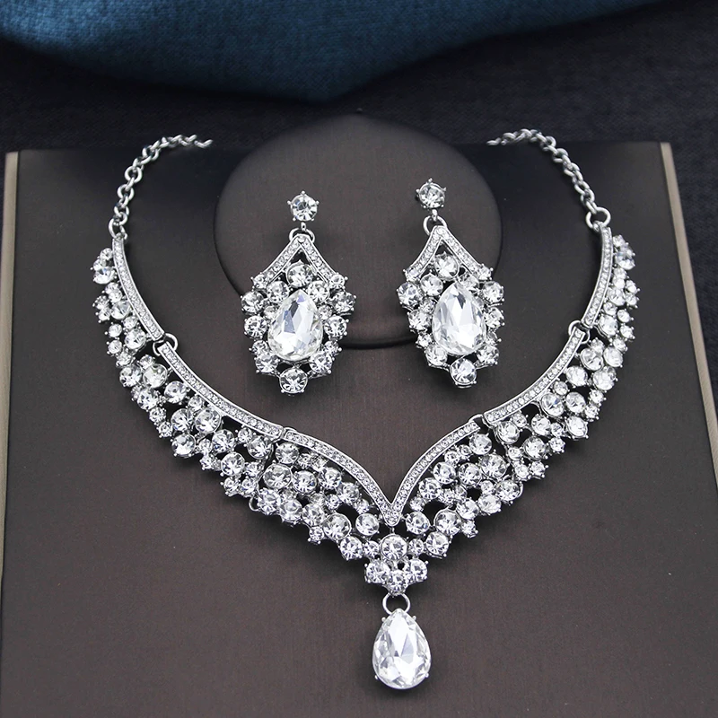 Fahion necklace set for women rhinestone crystal waterdrop choker necklace earrings sets wedding bridal Jewelry set